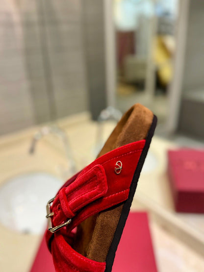 FUSSFRIEND CHERRY RED SILK VELVET SLIDE SANDALS