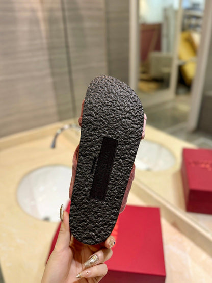 FUSSFRIEND CREPE PINK SILK VELVET SLIDE SANDALS