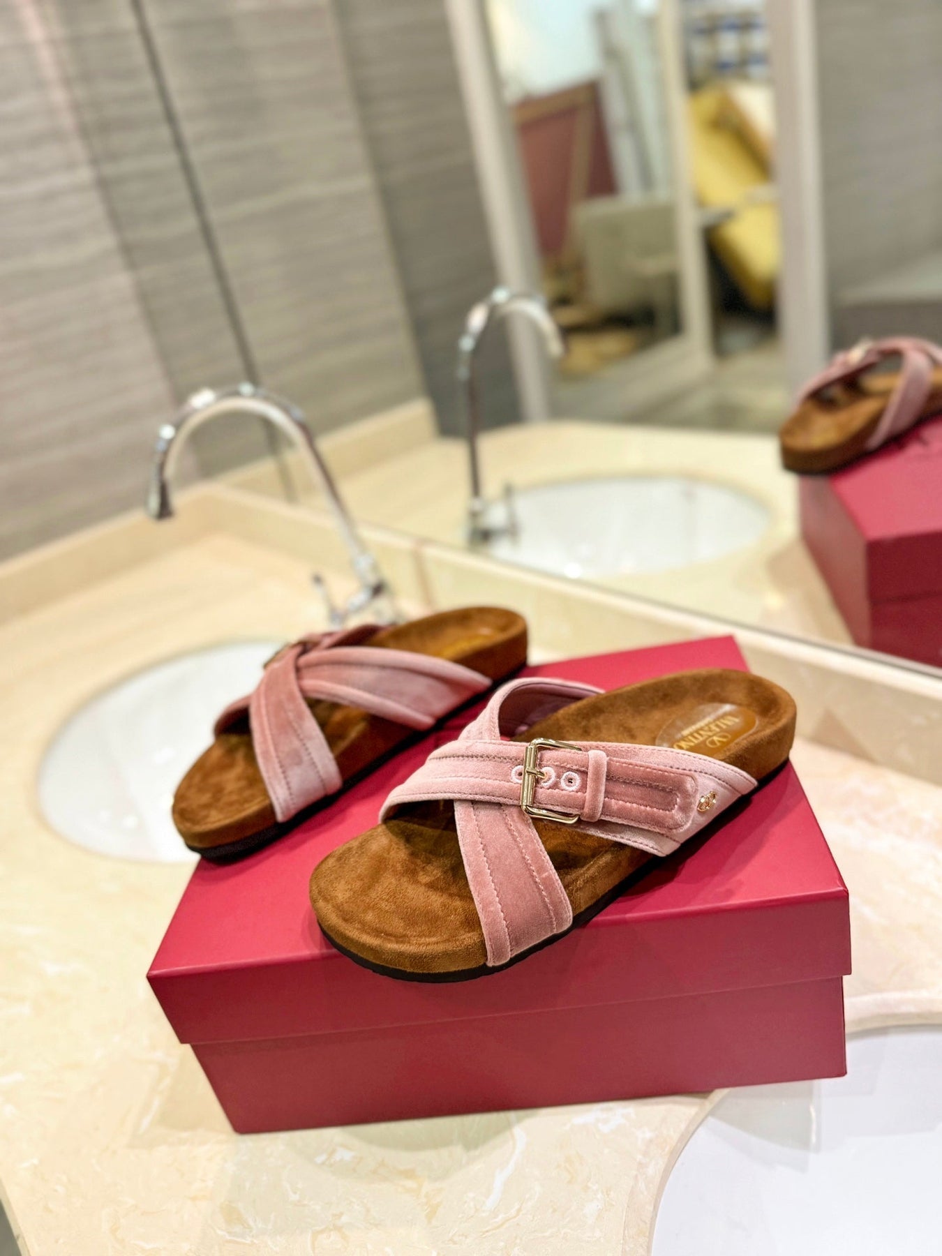 FUSSFRIEND CREPE PINK SILK VELVET SLIDE SANDALS