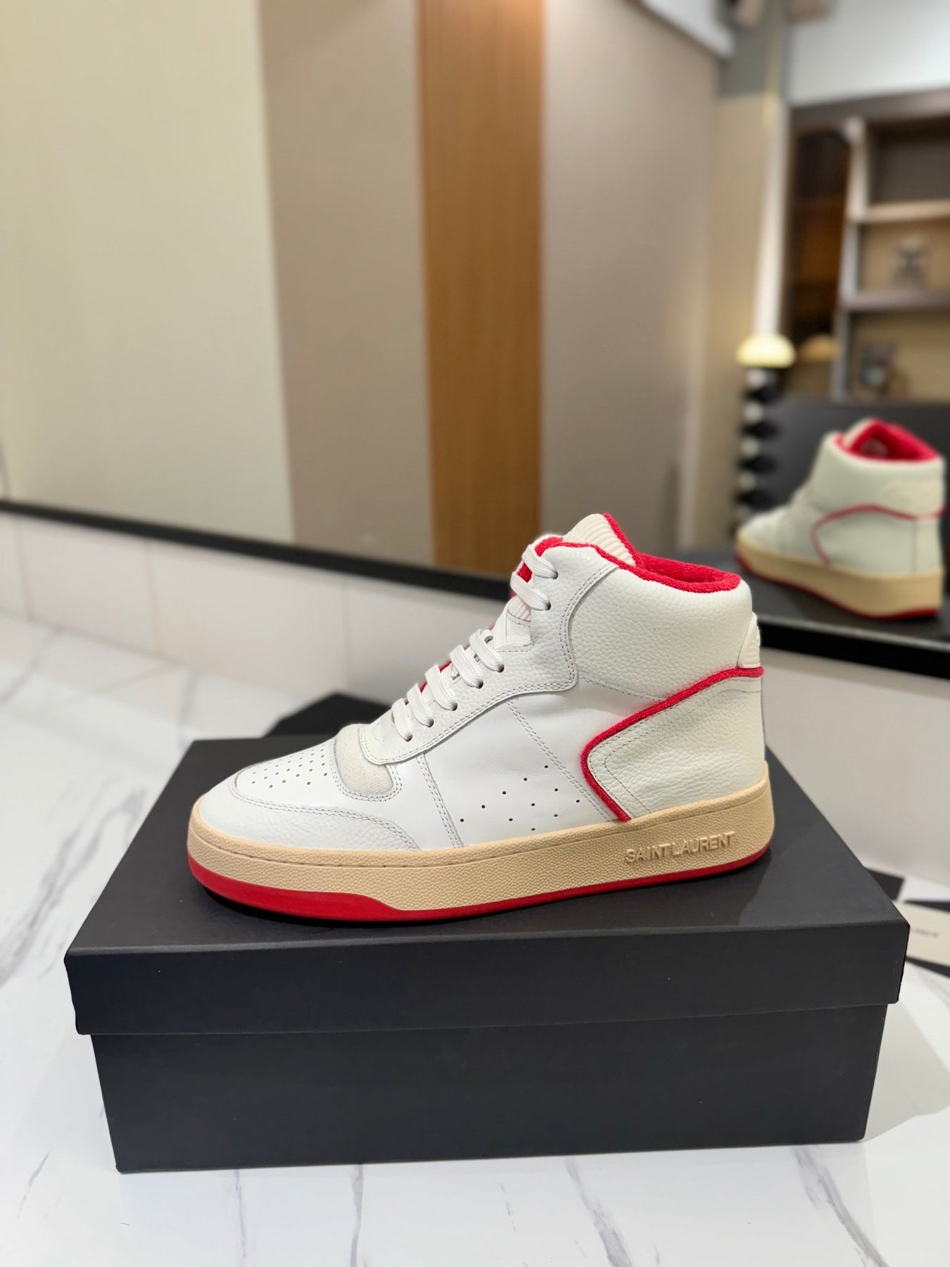 MID-TOP SNEAKERS IN WHITE AND RED TRIM PERFORATED LAMBSKIN