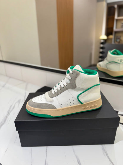 MID-TOP SNEAKERS IN WHITE PERFORATED LAMBSKIN AND GRAY SUEDE