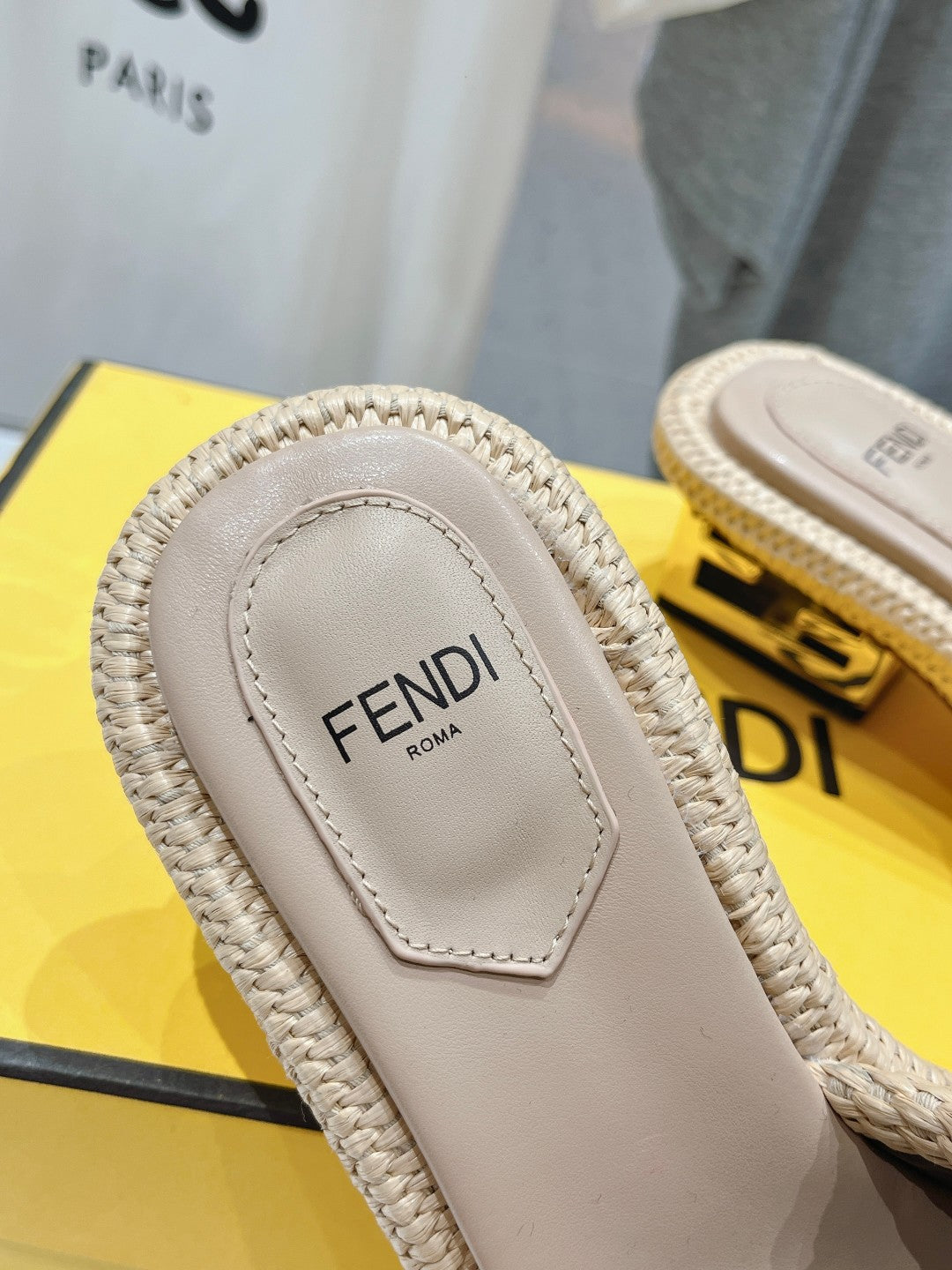 FENDI FFOLD MEDIUM-HEEL SANDALS 45 MM IN TUSCAN BEIGE COTTON FIBRE