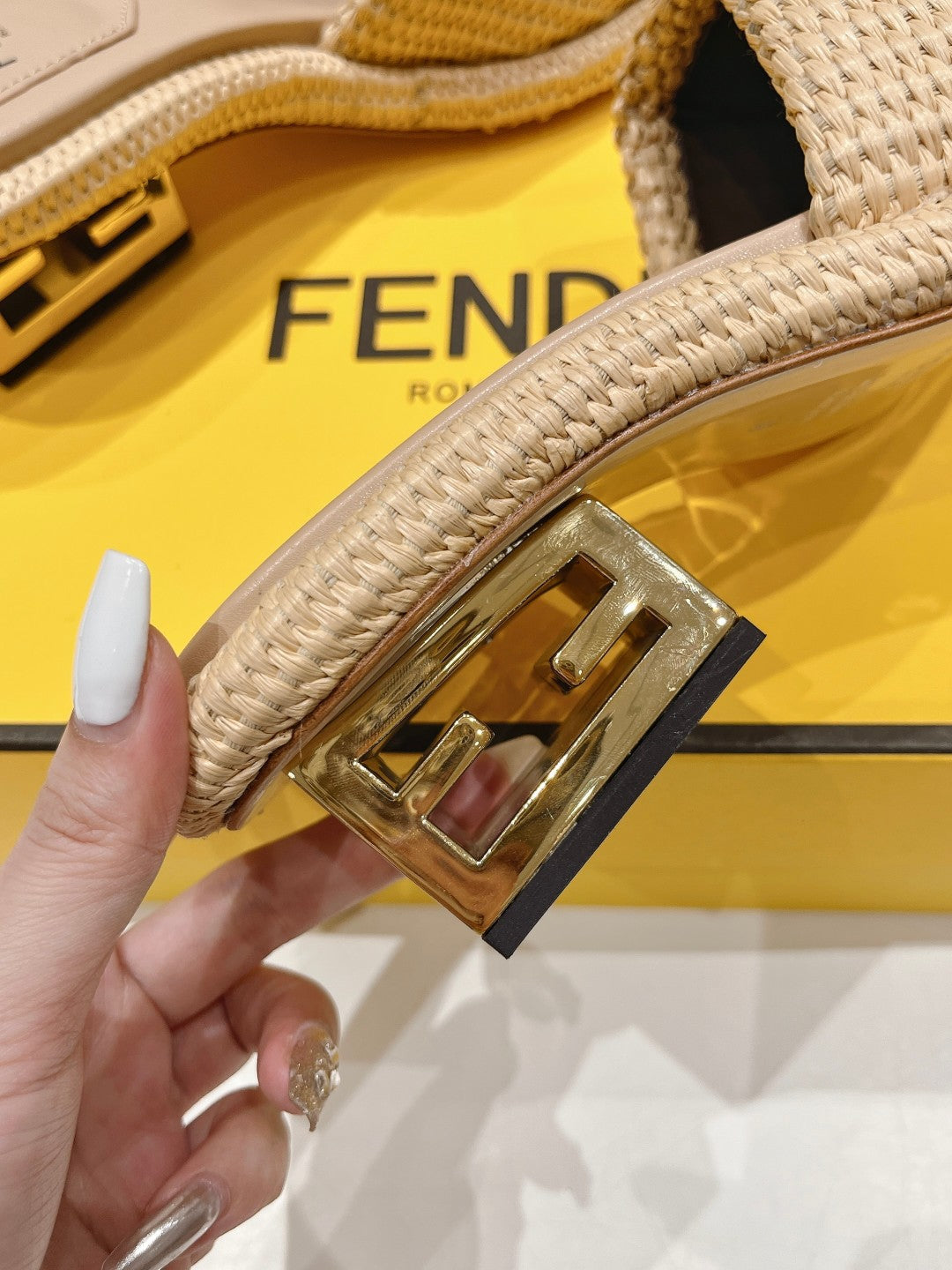 FENDI FFOLD MEDIUM-HEEL SANDALS 45 MM IN TUSCAN BEIGE COTTON FIBRE