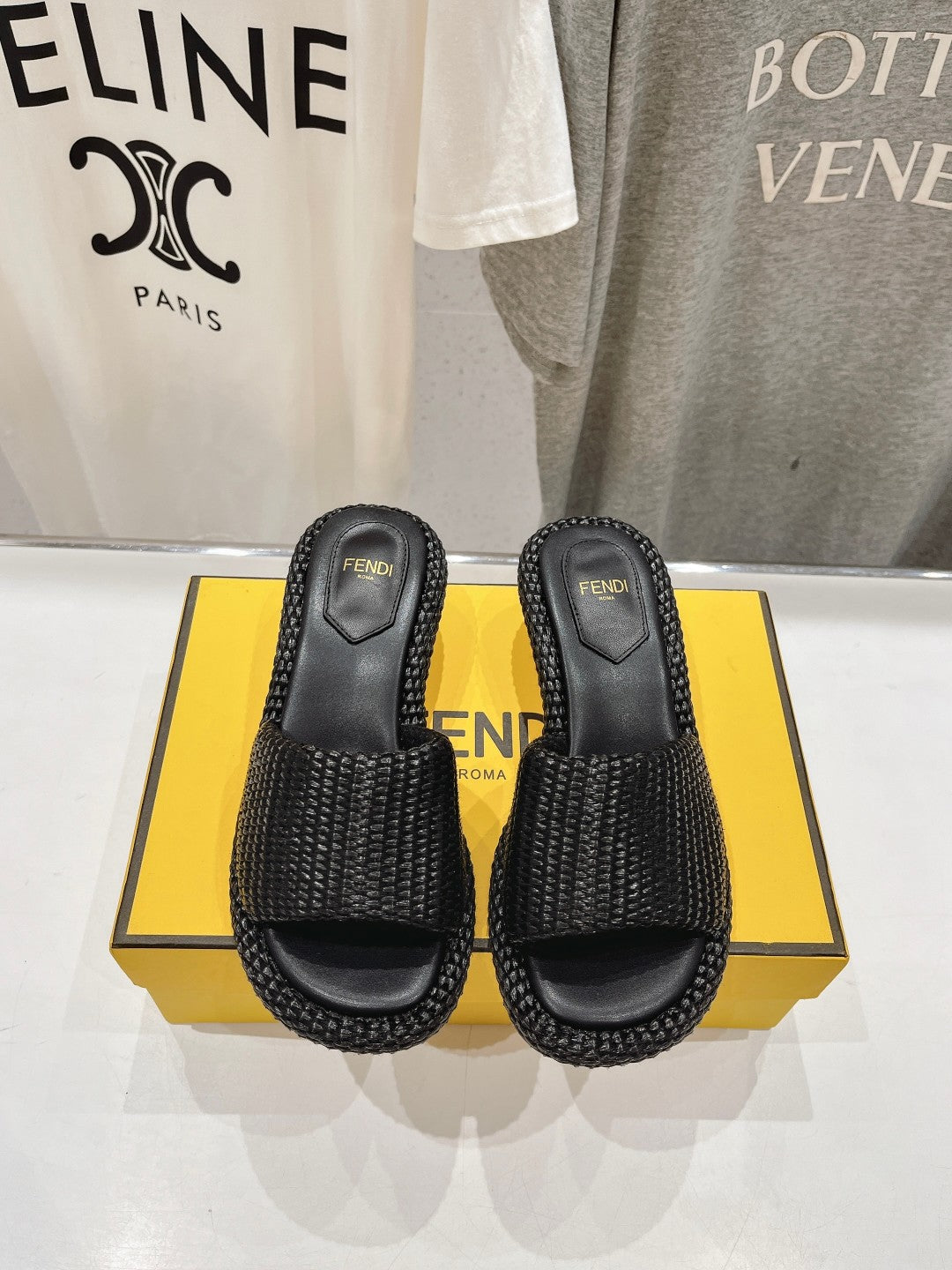 FENDI FFOLD MEDIUM-HEEL SANDALS 45 MM IN BLACK COTTON FIBRE