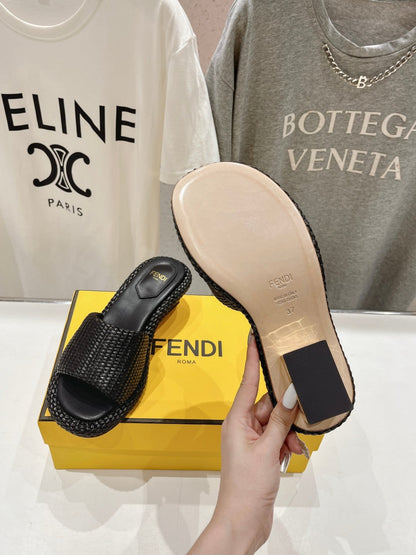 FENDI FFOLD MEDIUM-HEEL SANDALS 45 MM IN BLACK COTTON FIBRE