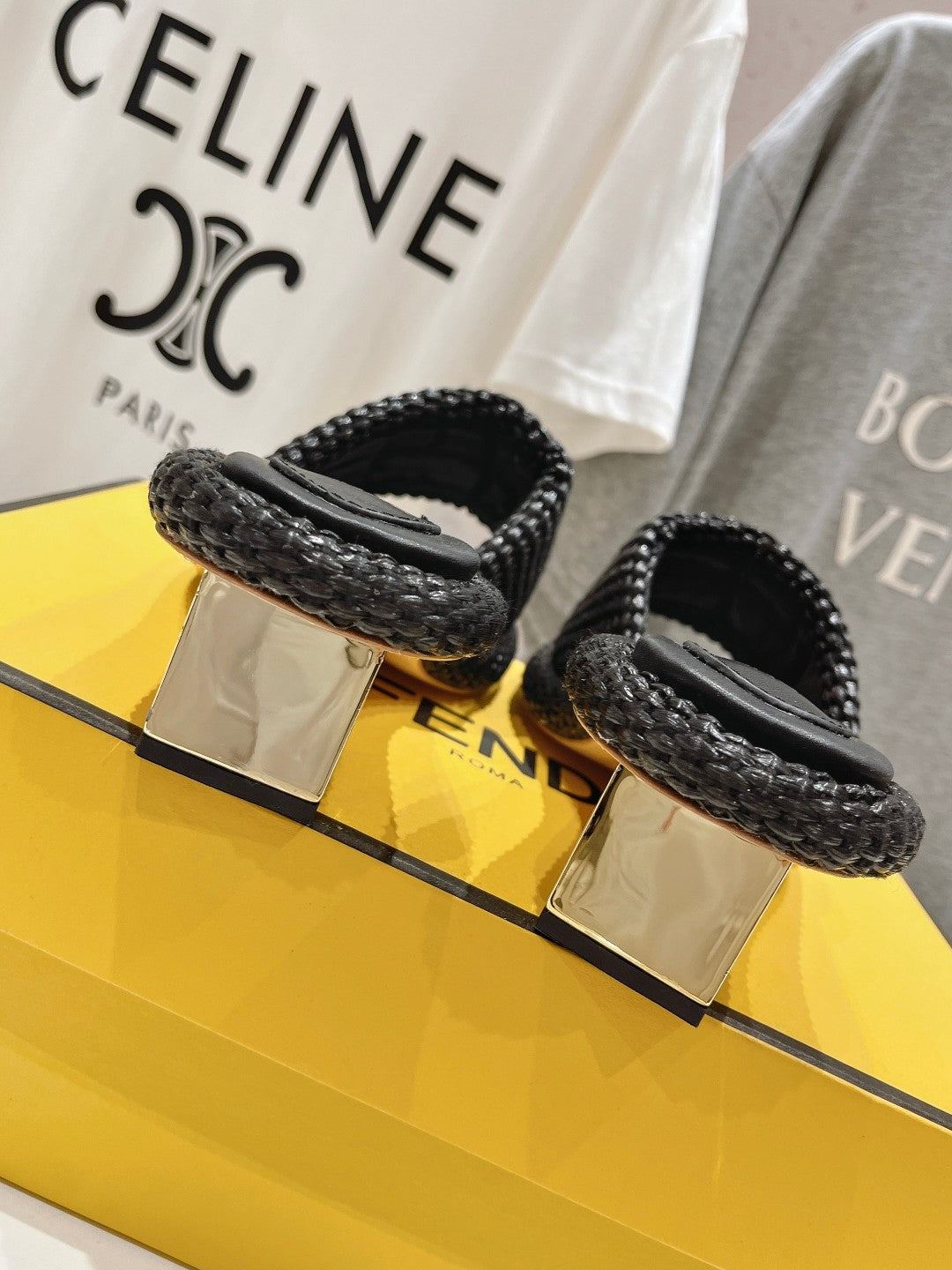 FENDI FFOLD MEDIUM-HEEL SANDALS 45 MM IN BLACK COTTON FIBRE