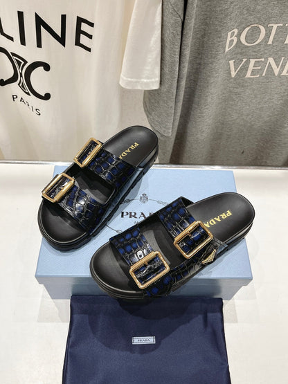 PRA CROCODILE MOTIF STRAP SLIDES SANDALS BLACK AND LAPIS CALFSKIN