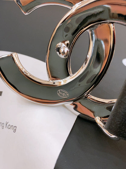 DOUBLE C BELT 40MM IN BLACK CALFSKIN SILVER BUCKLE EMBOSSED WHITE LOGO