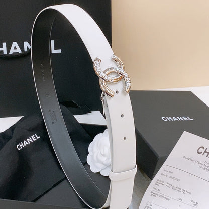 DOUBLE C BELT 30MM IN WHITE CALFSKIN SILVER BUCKLE EMBOSSED WHITE LOGO