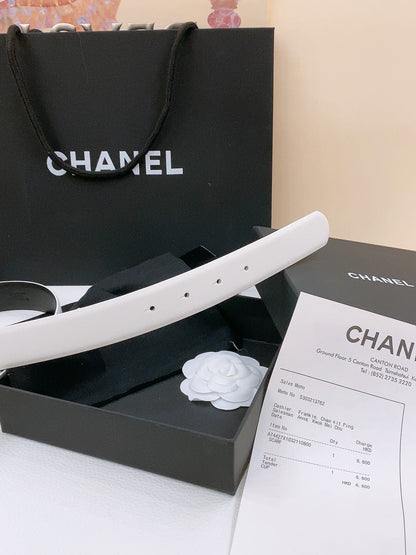 DOUBLE C BELT 30MM IN WHITE CALFSKIN SILVER BUCKLE EMBOSSED WHITE LOGO