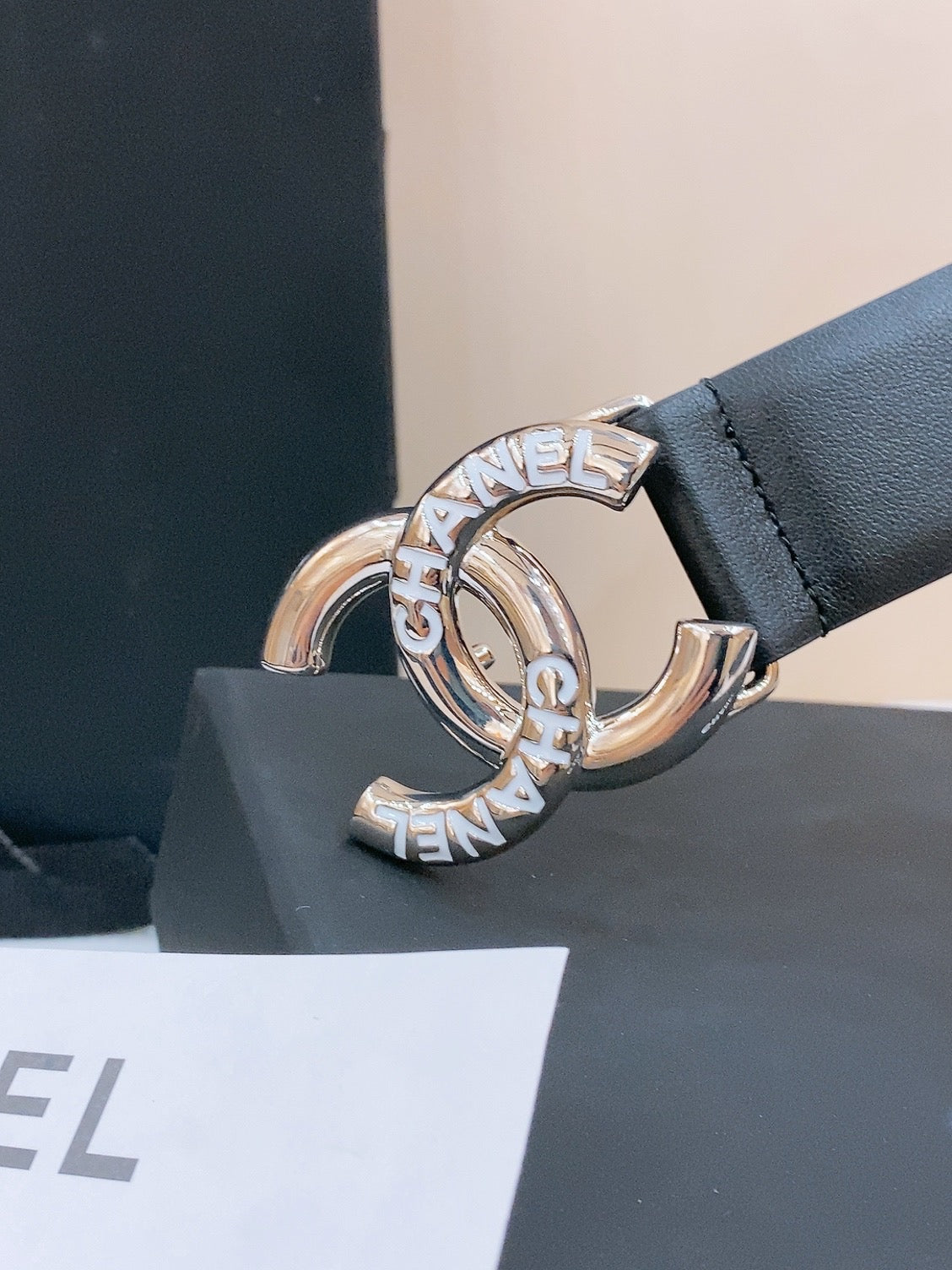DOUBLE C BELT 30MM IN BLACK CALFSKIN SILVER BUCKLE EMBOSSED WHITE LOGO