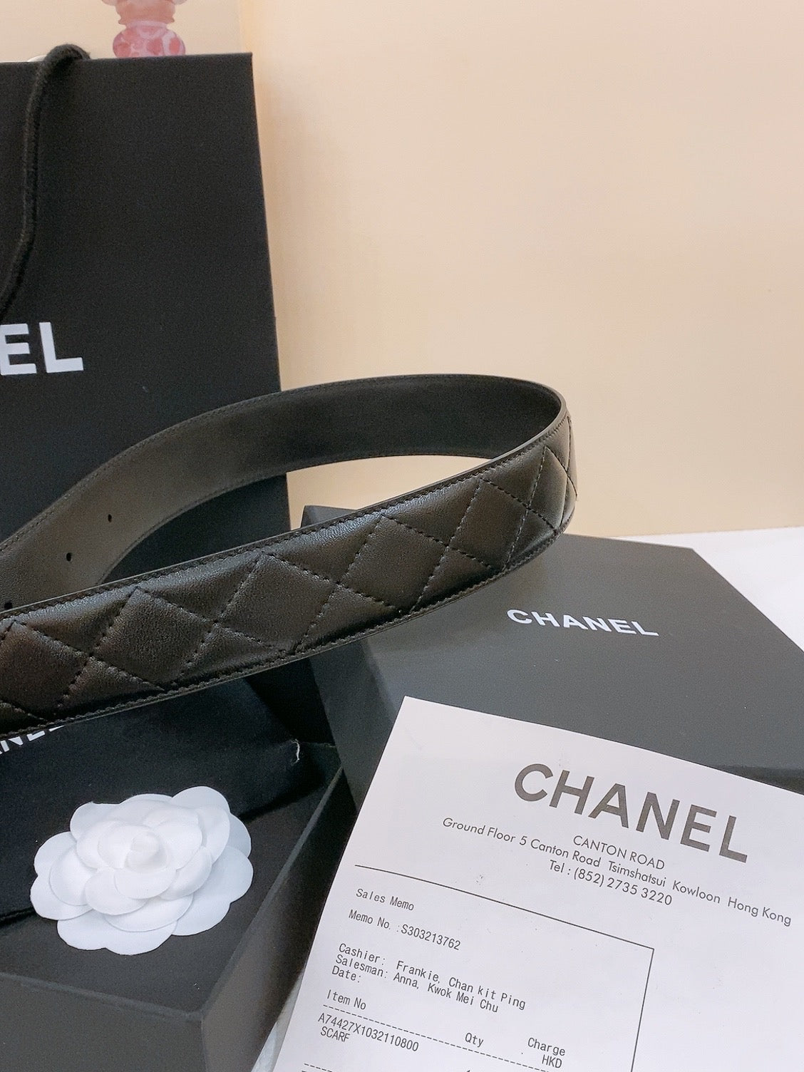 DOUBLE C BELT 40MM IN BLACK QUILTED LAMBSKIN SILVER RESIN BUCKLE