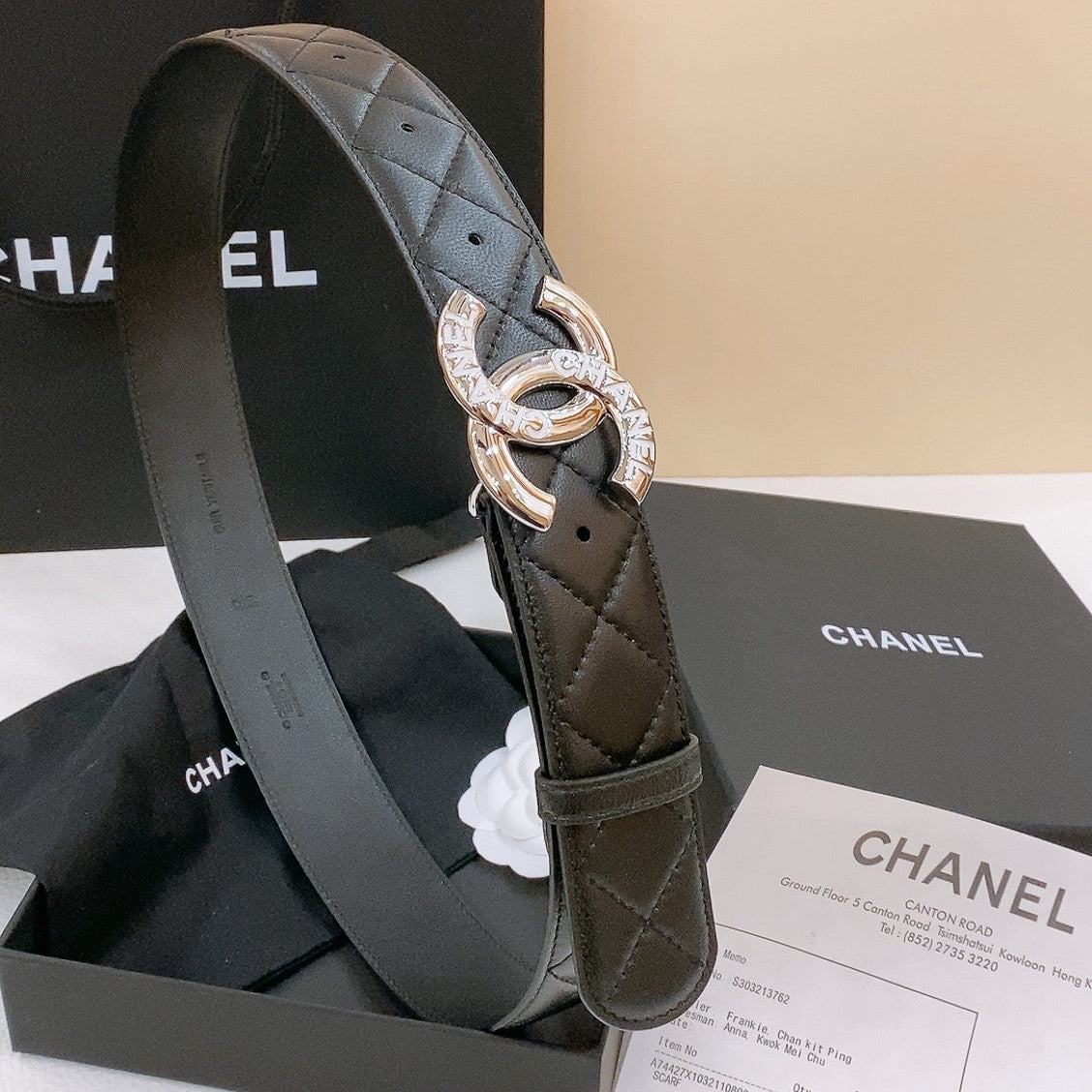 DOUBLE C BELT 40MM IN BLACK QUILTED LAMBSKIN SILVER RESIN BUCKLE