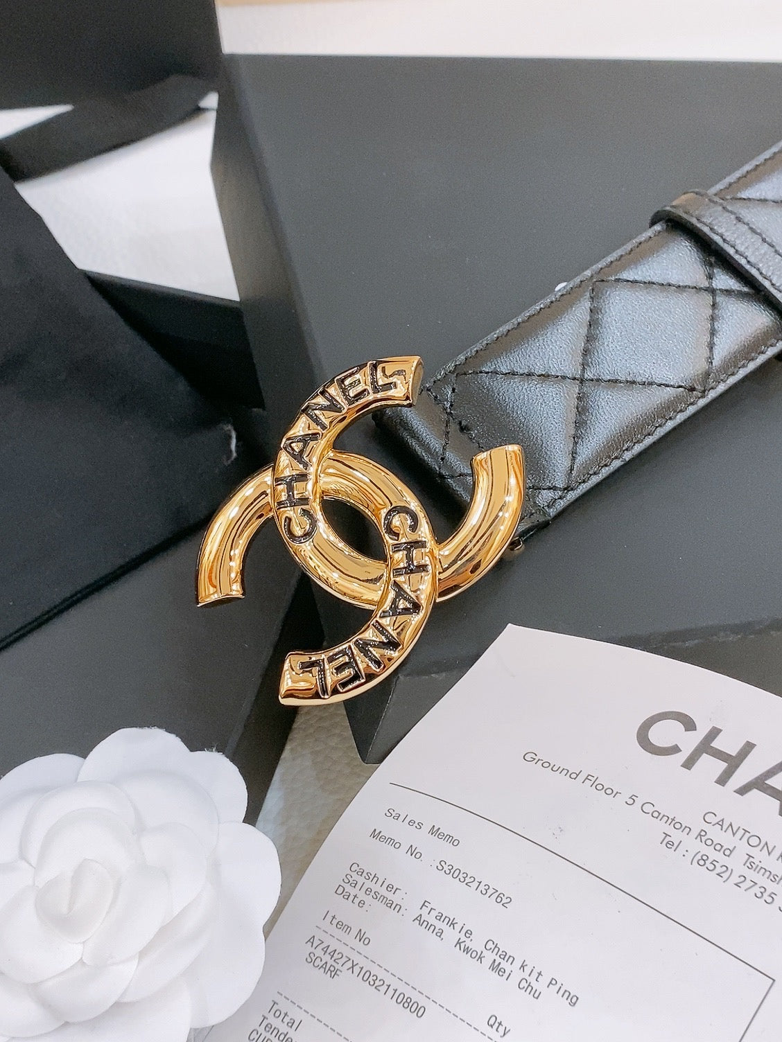 DOUBLE C BELT 40MM IN BLACK QUILTED LAMBSKIN GOLD BUCKLE EMBOSSED LOGO