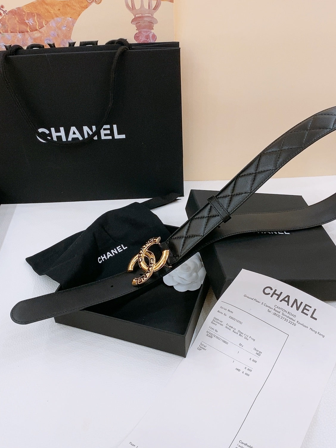 DOUBLE C BELT 40MM IN BLACK QUILTED LAMBSKIN GOLD BUCKLE EMBOSSED LOGO