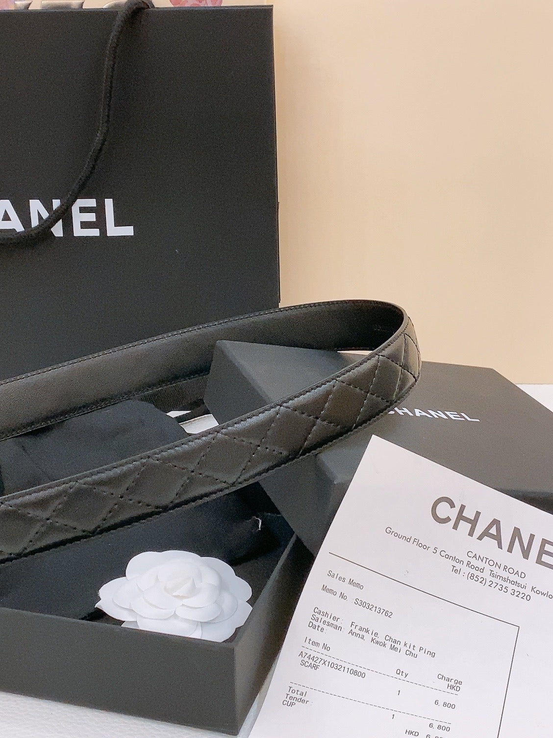 DOUBLE C BELT 30MM IN BLACK QUILTED LAMBSKIN WITH GOLD RESIN BUCKLE ENGRAVED LOGO