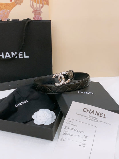 DOUBLE C BELT 30MM IN BLACK QUILTED LAMBSKIN WITH SILVER RESIN BUCKLE EMBOSSED LOGO