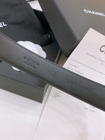 DOUBLE C BELT 30MM IN BLACK QUILTED LAMBSKIN WITH GOLD RESIN BUCKLE ENGRAVED LOGO