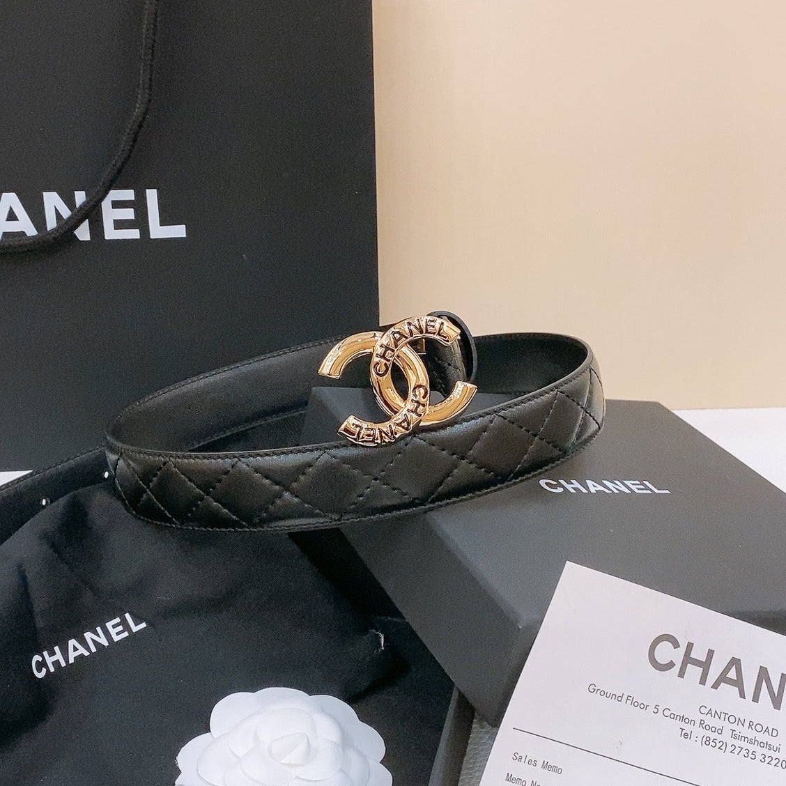 DOUBLE C BELT 30MM IN BLACK QUILTED LAMBSKIN WITH GOLD RESIN BUCKLE ENGRAVED LOGO