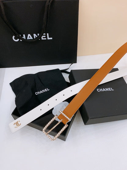 BELT 30MM IN BROWN AND WHITE CALFSKIN WITH INTERWOVEN GOLD CHAIN BUCKLE