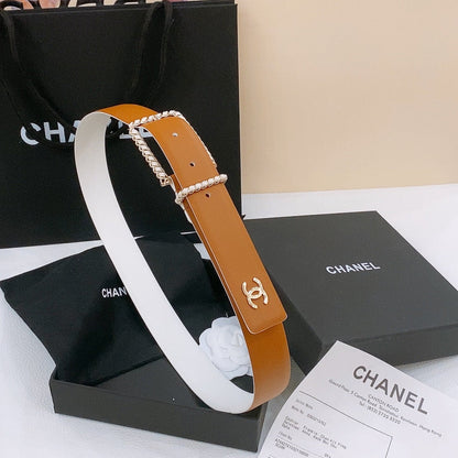 BELT 30MM IN BROWN AND WHITE CALFSKIN WITH INTERWOVEN GOLD CHAIN BUCKLE