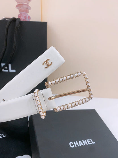 BELT 30MM IN BLACK AND WHITE CALFSKIN WITH INTERWOVEN GOLD CHAIN BUCKLE