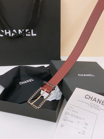 BELT 30MM IN BLACK AND RED CALFSKIN WITH INTERWOVEN GOLD CHAIN BUCKLE