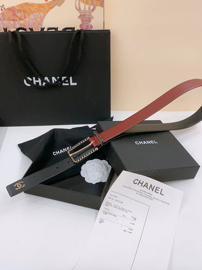 BELT 30MM IN BLACK AND RED CALFSKIN WITH INTERWOVEN GOLD CHAIN BUCKLE