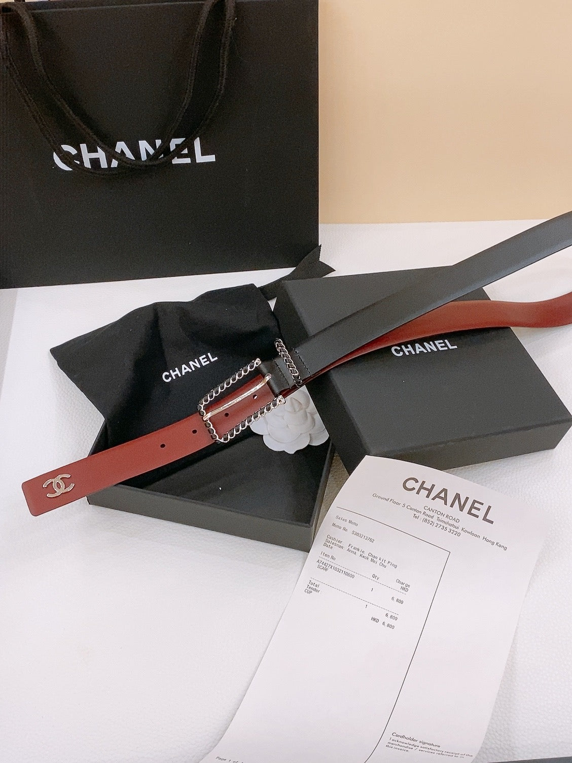 BELT 30MM IN BLACK AND RED CALFSKIN WITH INTERWOVEN SILVER CHAIN BUCKLE