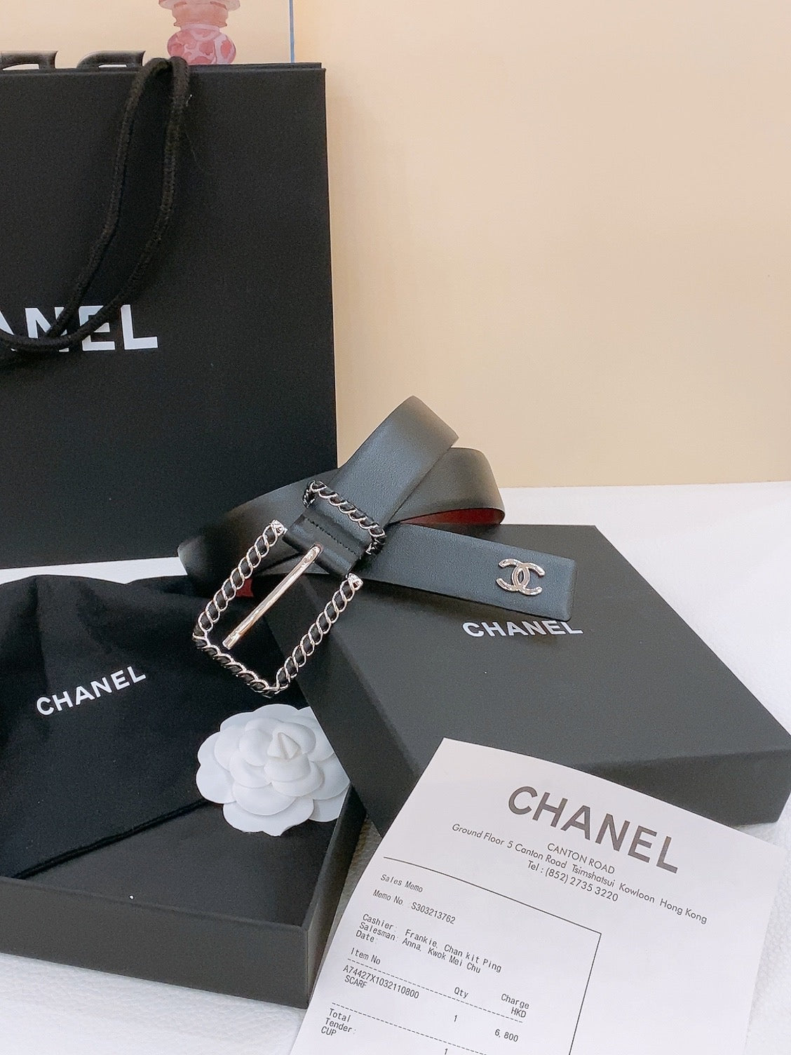 BELT 30MM IN BLACK AND RED CALFSKIN WITH INTERWOVEN SILVER CHAIN BUCKLE