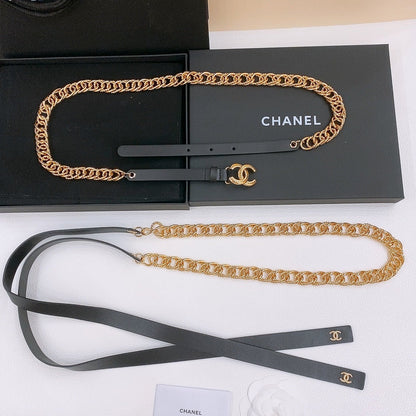 RIBBED BOW WAIST CHAIN IN GOLD TONE BRASS AND BLACK LAMBSKIN