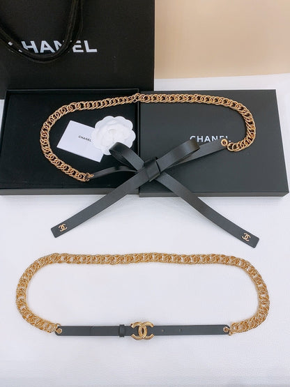 RIBBED BOW WAIST CHAIN IN GOLD TONE BRASS AND BLACK LAMBSKIN