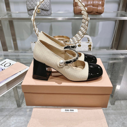 MARY JANE SANDAL CAP TOE BRIGHT CREAM SHEEPSKIN - HIGH HEEL