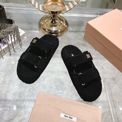 SANDAL SLIDES IN BLACK SUEDE AND SHEARLING LINING