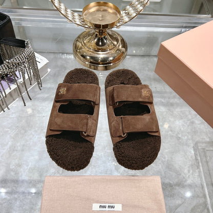 SANDAL SLIDES IN COCOA BROWN SUEDE AND SHEARLING LINING