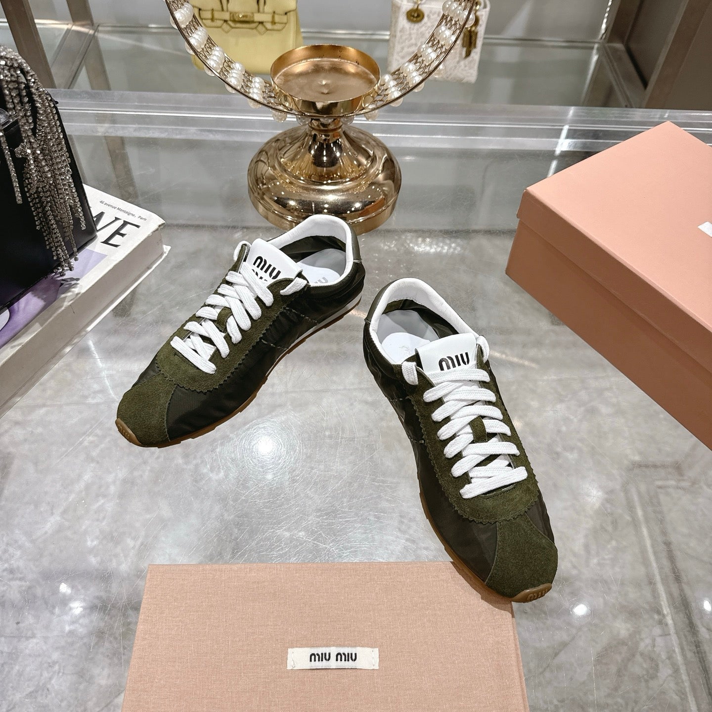 PLUME NAPPA SNEAKERS IN DARK GREEN SUEDE AND CANVAS