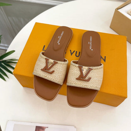 LV WOMEN CAPRI FLAT MULES IN CHOCOLATE BROWN LEATHER AND RAFFIA