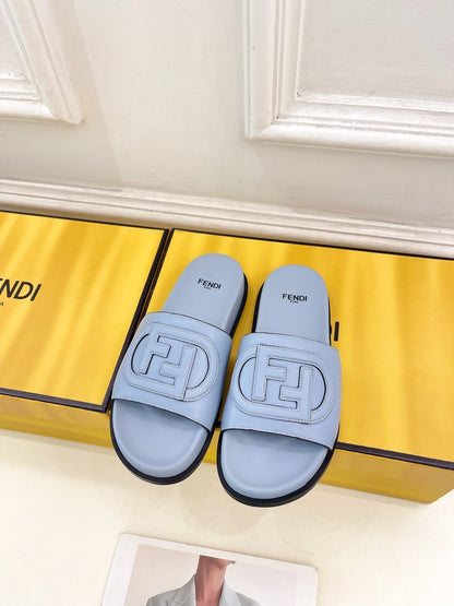 FENDI LOGO SLIDES IN BLUE POWDER CALFSKIN