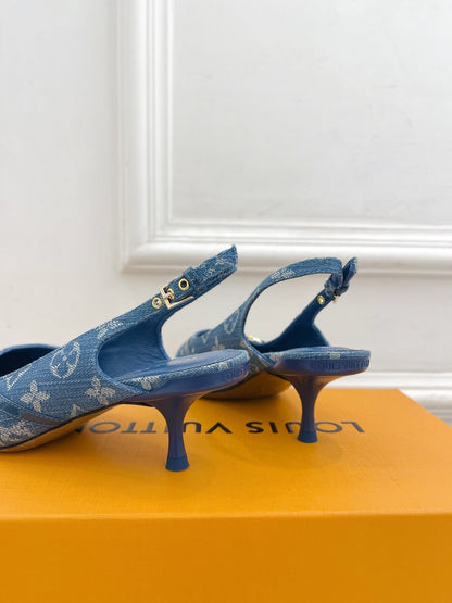 HIGH SLINGBACKS 5 CM IN CLASSIC BLUE MONOGRAM DENIM FABRIC