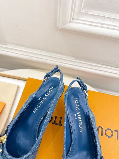 HIGH SLINGBACKS 5 CM IN CLASSIC BLUE MONOGRAM DENIM FABRIC