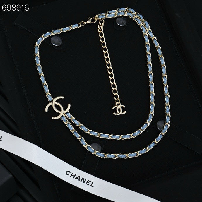 NECKLACE DOUBLE C IN BLUE DENIM BLACK SILVER TWO-LAYER