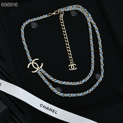 NECKLACE DOUBLE C IN BLUE DENIM BLACK SILVER TWO-LAYER
