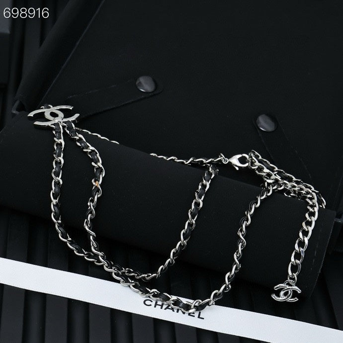 NECKLACE DOUBLE C IN BLUE DENIM BLACK SILVER TWO-LAYER