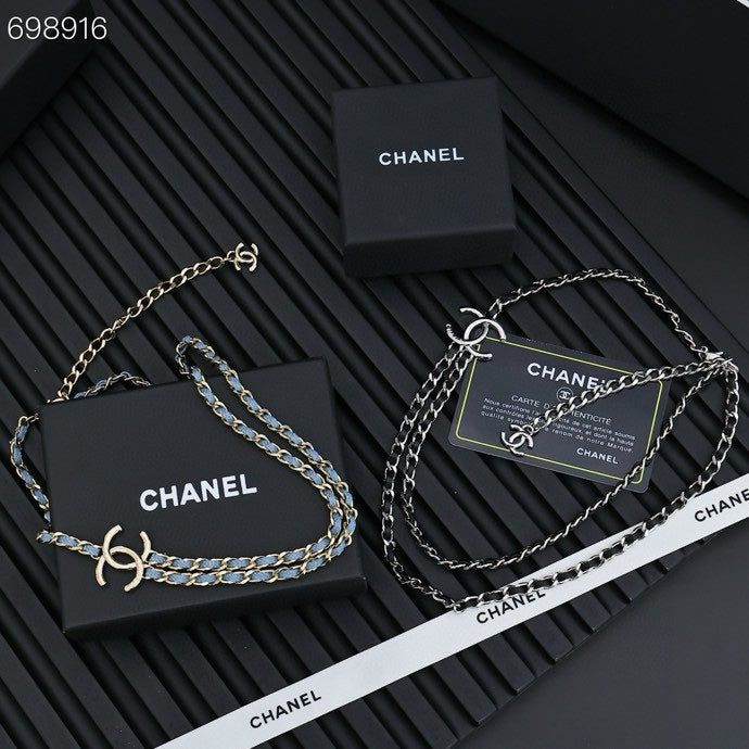 NECKLACE DOUBLE C IN BLUE DENIM BLACK SILVER TWO-LAYER