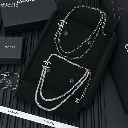 NECKLACE DOUBLE C IN BLUE DENIM BLACK SILVER TWO-LAYER