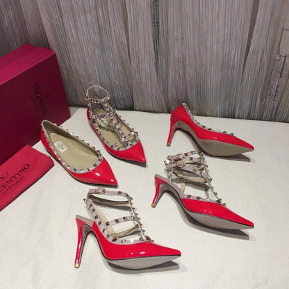 ROCKSTUD CAGED HIGH PUMP IN CHERRY RED MIX LIGHT PINK PATENT CALFSKIN 100 MM