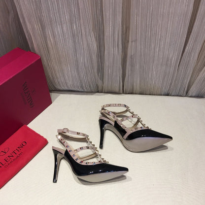 ROCKSTUD CAGED HIGH PUMP IN BLACK MIX LIGHT PINK PATENT CALFSKIN 100 MM