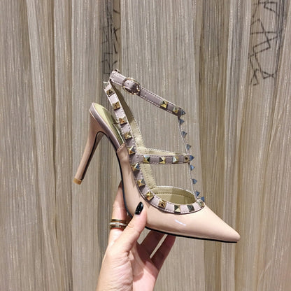 ROCKSTUD CAGED HIGH PUMP IN PEACHY MIX LIGHT PINK PATENT CALFSKIN 100 MM