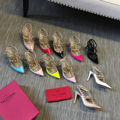 ROCKSTUD CAGED HIGH PUMP IN PEACHY MIX LIGHT PINK PATENT CALFSKIN 100 MM