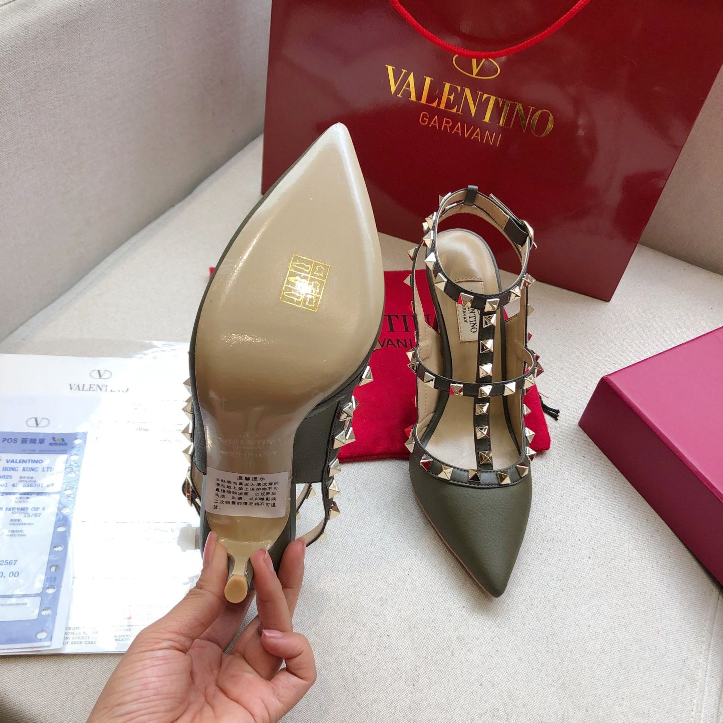 ROCKSTUD MOSS GREEN METALLIC CALFSKIN ANKLE STRAP HIGH SANDAL